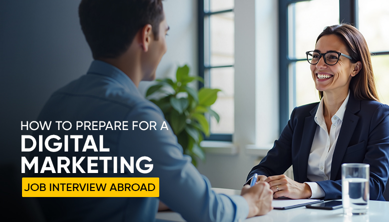 Candidate attending a digital marketing job interview abroad