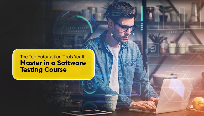 Man working on a laptop with digital graphics representing automation tools in a software testing course