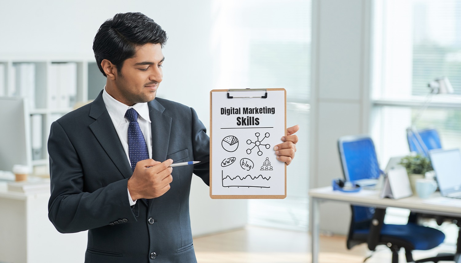 Business professional presenting digital marketing skills on a clipboard in an office environment