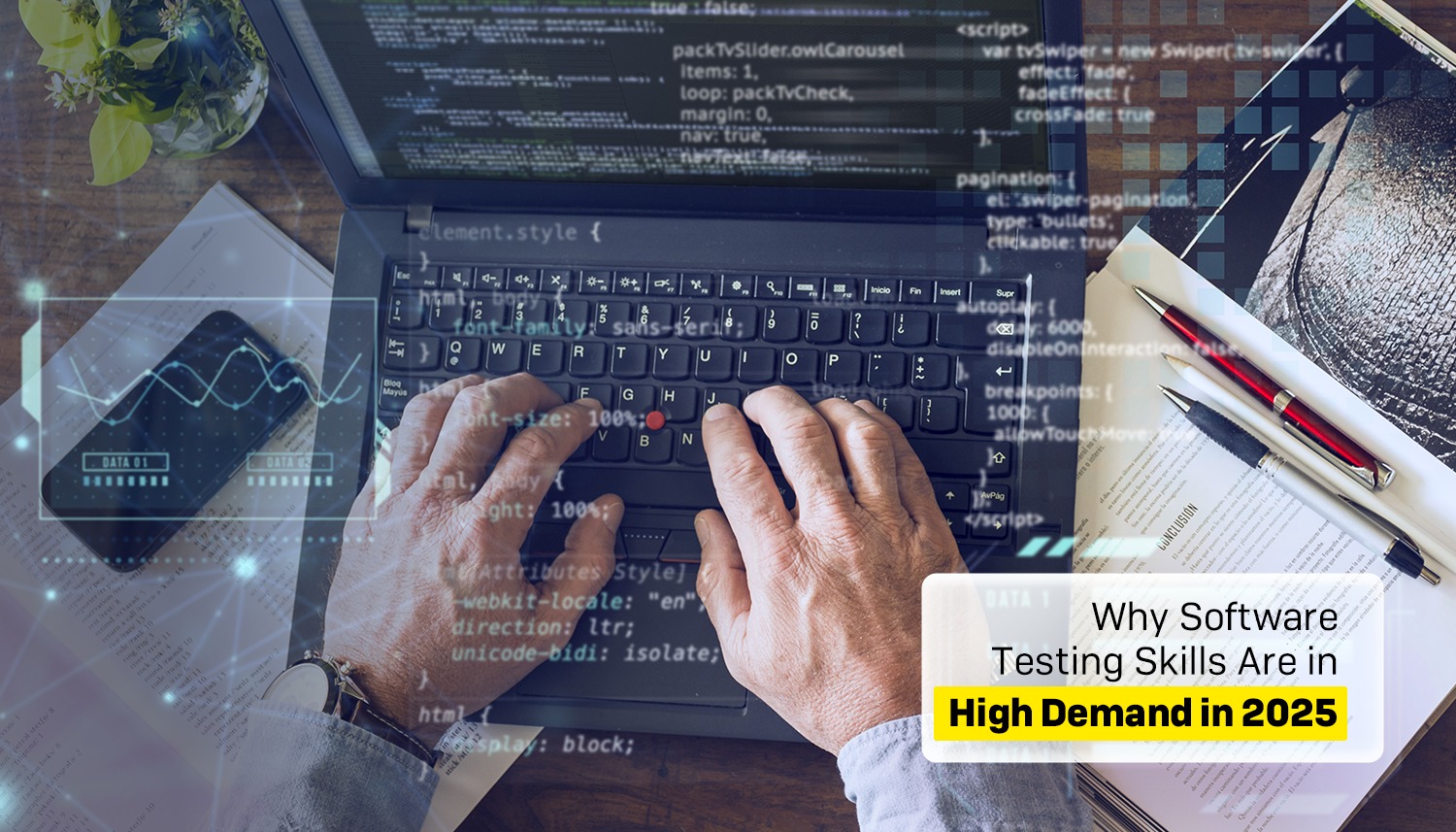 Professional working on laptop with code and data graphics representing software testing skills in 2025