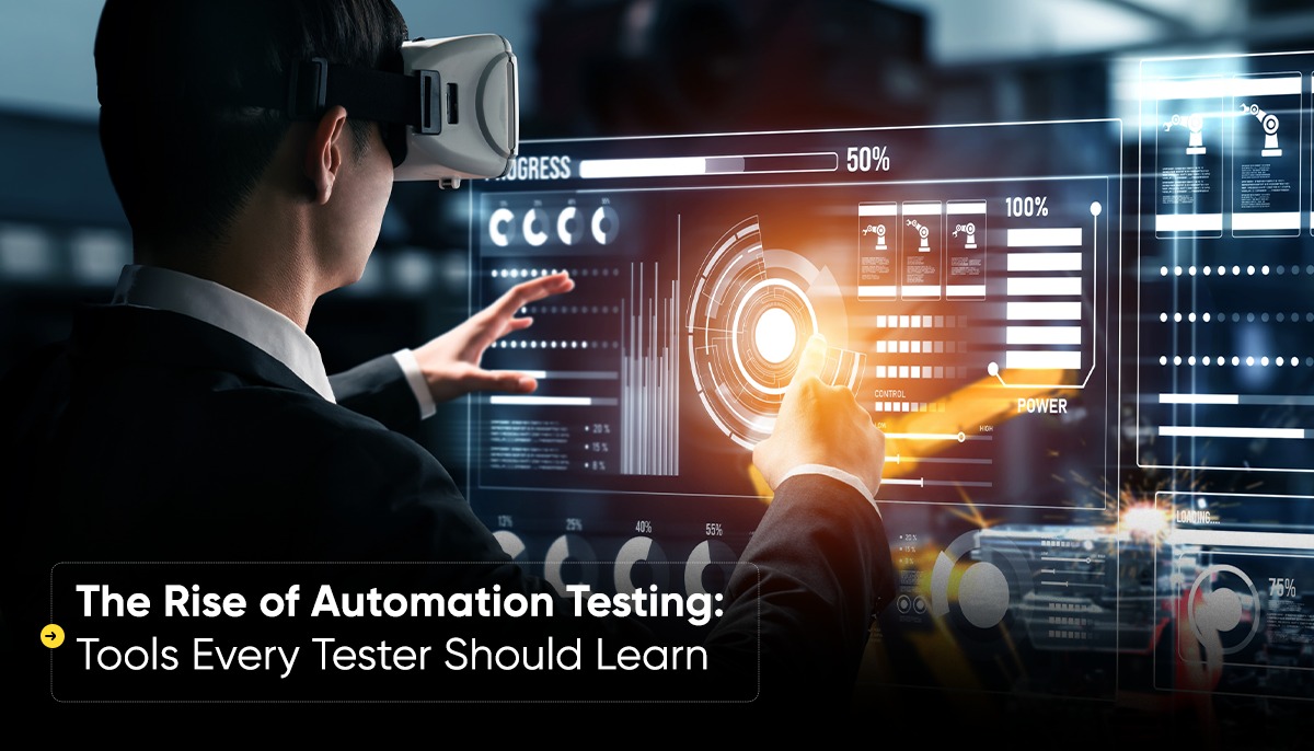 A software tester using a VR headset and interactive digital dashboard displaying charts and controls, illustrating modern automation testing tools and their growing importance.