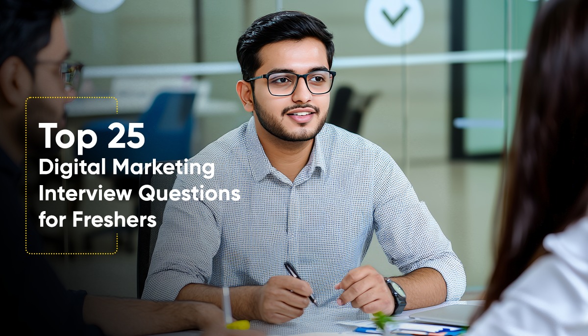 A young professional attending a digital marketing interview, sitting at a table and discussing ideas, representing a guide on top digital marketing interview questions for freshers.