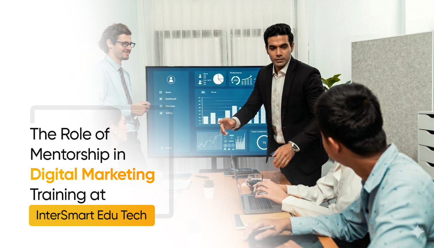 mentor teaching students with analytics dashboard during digital marketing training session, showing hands-on learning and mentorship in a classroom environment