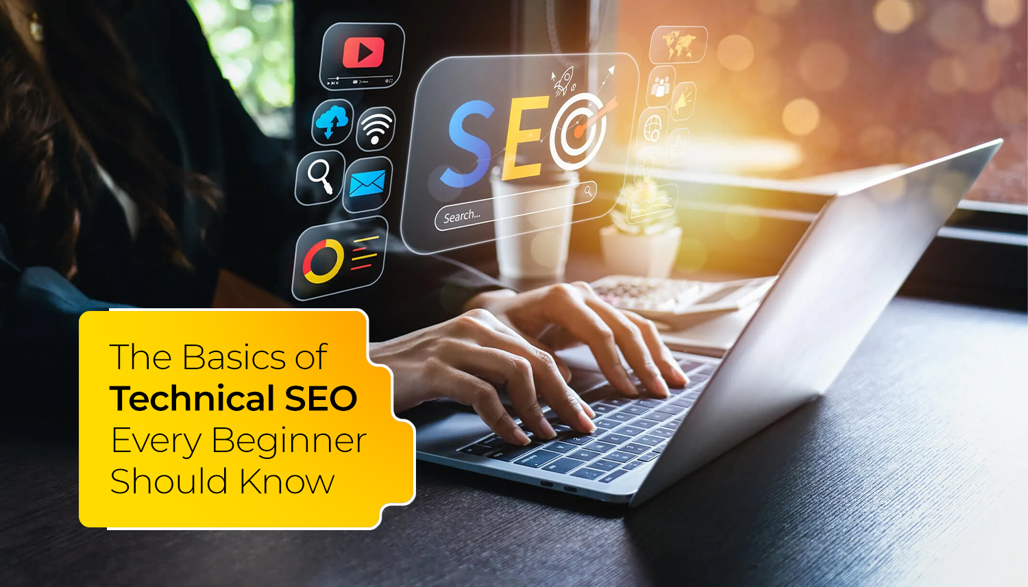 Person using a laptop with SEO interface showing technical SEO concepts like website optimization, search indexing, and performance improvement for beginners learning SEO basics