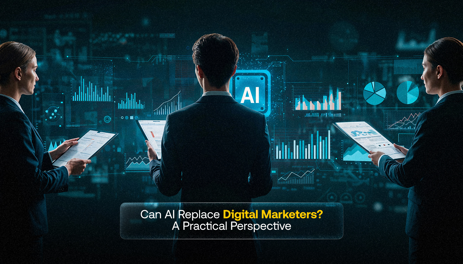 Professionals reviewing AI-powered marketing analytics dashboards, illustrating the debate on whether AI replace digital marketers in data-driven strategies.